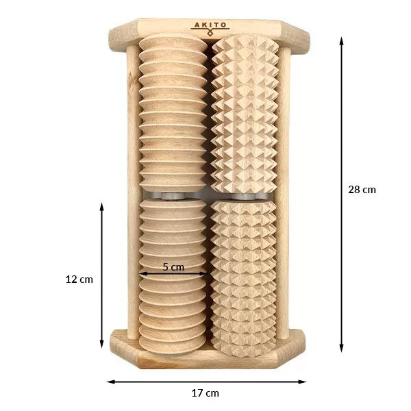 Aparat de masaj pentru picioare din lemn Akito cu două rânduri, cu 4 role